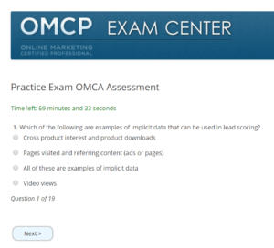 A question from the OMCA exam that covers email marketing automation and lead scoring