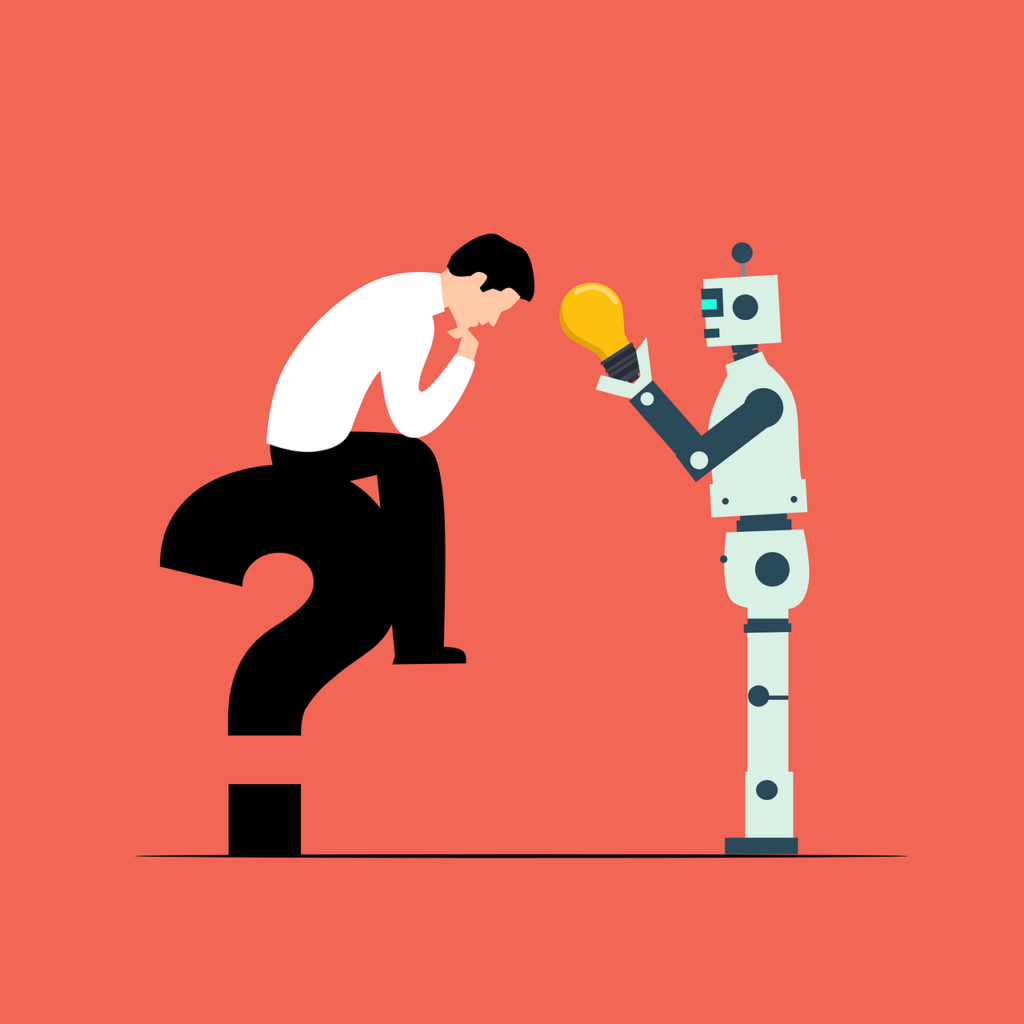 Cartoon of a man sitting on a question mark. A robot is standing nearby handing the man a light bulb.