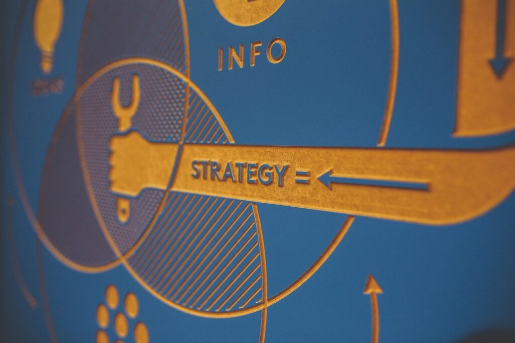 This looks like printing on the side of a box that is blue and the print is beige. There is a hand holding a screwdriver and the words "strategy" written in the arm